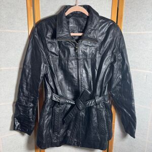 Kathy Ireland‎ Jacket Women's Large Genuine Leather Moto Black Belted Coat